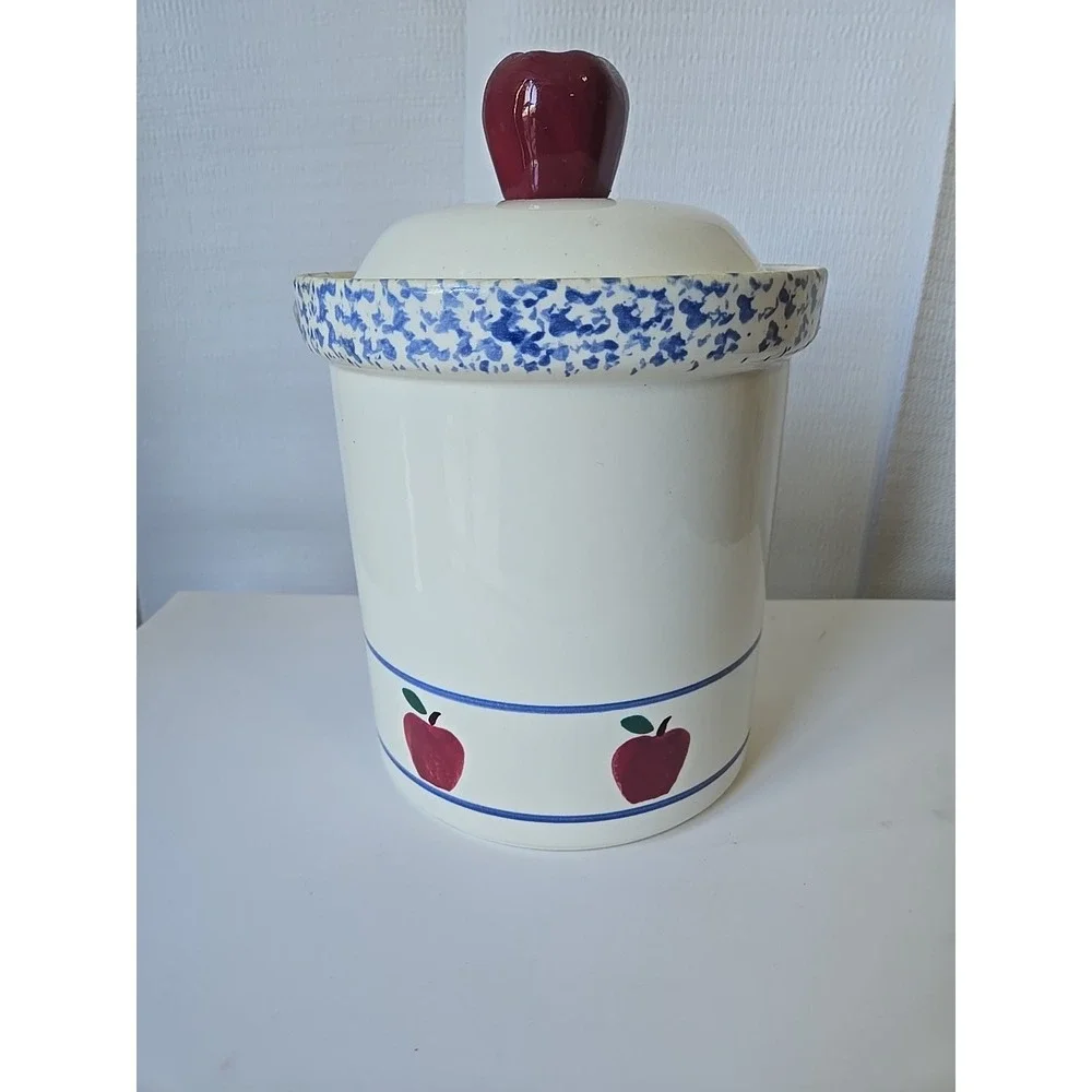 Vtg Treasure Craft Apple Cookie Jar Canister Spongeware Pottery Retro Kitchen 10